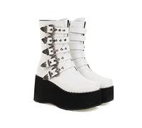 KUHAOFEU Bottines À Talon Compensé pour Femme Fermeture Éclair Bout Rond Punk Bottes De Combat Mi-Mollet,Blanc,46 EU