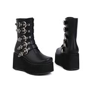 KUHAOFEU Bottines À Talon Compensé pour Femme Fermeture Éclair Bout Rond Punk Bottes De Combat Mi-Mollet,Noir,47 EU