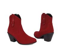 KUHAOFEU Bottines À Talons Bas pour Femmes Bottes De Cow-Boy Occidentales en Daim Bottes Courtes Décontractées,Rouge,36 EU