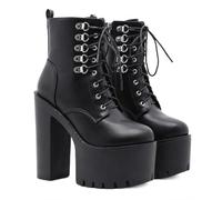 KUHAOFEU Bottines Femme À Talons Hauts, Bottes De Fête Bloc Lacets Bout Rond Bottes Courtes Mode avec Plateforme,Noir,36 EU