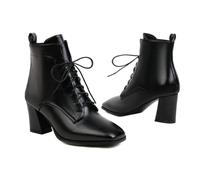 KUHAOFEU Bottines Femme Talons Épais en Cuir Hiver Chelsea Boots Bout Carré Bottes Courtes à Lacets,Noir,41 EU