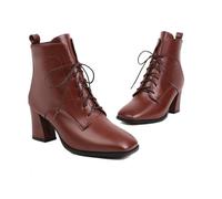 KUHAOFEU Bottines Femme Talons Épais en Cuir Hiver Chelsea Boots Bout Carré Bottes Courtes à Lacets,Marron,34 EU