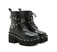 KUHAOFEU Bottines Gothiques Rivets pour Femmes avec Boucle Croisée Bottes Punk À Lacets Talon Épais Bottines De Combat À Fermeture Éclair,Noir,41 EU