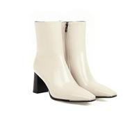 KUHAOFEU Bottines pour Femme avec Fermeture Éclair Et Bout Carré Bas À Talon Bloc Moyen,Beige,46 EU