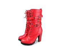 KUHAOFEU Bottines pour Femme Bottes Moto Style Gothique Punk Bottes De Motard avec Fermeture Éclair Bout Rond Clouté Chaîne À Lacets Bottes De Combat,Rouge,43 EU