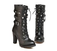 KUHAOFEU Bottines pour Femme Bottes Moto Style Gothique Punk Bottes De Motard avec Fermeture Éclair Bout Rond Clouté Chaîne À Lacets Bottes De Combat,Noir,46 EU
