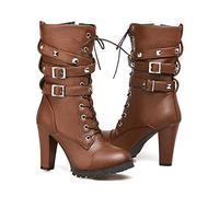 KUHAOFEU Bottines pour Femme Bottes Moto Style Gothique Punk Bottes De Motard avec Fermeture Éclair Bout Rond Clouté Chaîne À Lacets Bottes De Combat,Marron,41 EU