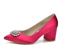 KUHAOFEU Chaussures de Mariage à Bout Pointu Escarpins de Mariée à Talon Bloc Moyen pour Femme avec Cristal,Fuchsia,40 EU