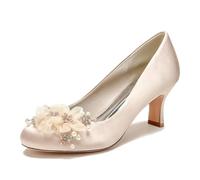KUHAOFEU Chaussures De Mariage pour Femmes Bout Rond Talon Chaton Escarpins De Mariée pour Soirée Fête avec Pearl,Champagne,38 EU