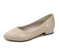 KUHAOFEU Chaussures De Mariée en Dentelle Blanche Femmes Bout Fermé Bas Talon Glisser sur Chaussures De Ballerines,Champagne,37 EU