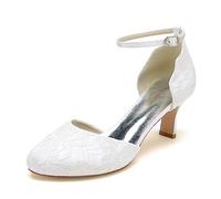 KUHAOFEU Escarpins Femmes Dentelle Chaussures De Mariage À Talon de Chaton avec Cheville Boucle Bout Rond Mary Jane Chaussures De Mariée,Blanc,43 EU
