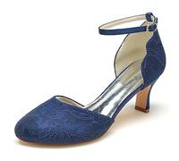 KUHAOFEU Escarpins Femmes Dentelle Chaussures De Mariage À Talon de Chaton avec Cheville Boucle Bout Rond Mary Jane Chaussures De Mariée,Marine,38 EU
