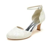 KUHAOFEU Escarpins Femmes Dentelle Chaussures De Mariage À Talon de Chaton avec Cheville Boucle Bout Rond Mary Jane Chaussures De Mariée,Ivoire,40 EU