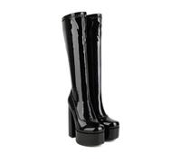 KUHAOFEU Extensible Bottes Mi-Mollet À Talon Bloc pour Femme Bout Carré Bottes Hautes Au Genou d'hiver Chaudes,Noir,39 EU