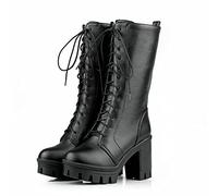 KUHAOFEU Femme Bottes De Motard Cuir Mi-Mollet À Lacets Combat Bottes Bout Rond Talon Épais Bottes d'hiver Chaudes,Noir,36 EU