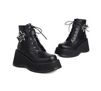KUHAOFEU Femme Boucles Bretelles Bottines Lacets Plateforme Gothique Bottes Talon Compensé épais Fermeture Éclair Punk Bottes de Combat,Black PU Leather,36 EU