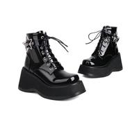 KUHAOFEU Femme Boucles Bretelles Bottines Lacets Plateforme Gothique Bottes Talon Compensé épais Fermeture Éclair Punk Bottes de Combat,Black Patent Leather,36 EU