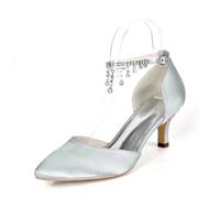 KUHAOFEU Femme Chaussures de Mariage Bout Pointu Strass Bride Cheville Boucle à Talons Bas Chaussures de mariée de soirée,Argent,41 EU