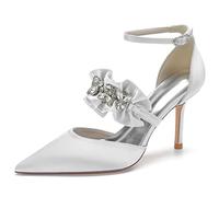 KUHAOFEU Femme Chaussures De Mariage De Soirée Cristal Bride Cheville Moda Satiné À Talons Aiguilles Hauts,Blanc,36 EU