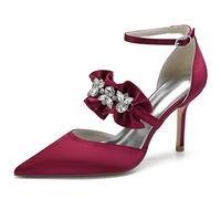 KUHAOFEU Femme Chaussures De Mariage De Soirée Cristal Bride Cheville Moda Satiné À Talons Aiguilles Hauts,Burgundy,40 EU