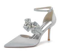 KUHAOFEU Femme Chaussures De Mariage De Soirée Cristal Bride Cheville Moda Satiné À Talons Aiguilles Hauts,Argent,38 EU