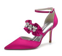 KUHAOFEU Femme Chaussures De Mariage De Soirée Cristal Bride Cheville Moda Satiné À Talons Aiguilles Hauts,Fuchsia,41 EU