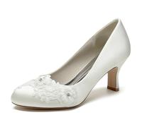 KUHAOFEU Femme Escarpins avec Talon Bas Punta Tonda Tacón de Gatito Chaussures de Mariée en Satin avec Diamants,Ivoire,43 EU