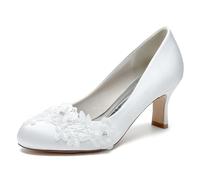 KUHAOFEU Femme Escarpins avec Talon Bas Punta Tonda Tacón de Gatito Chaussures de Mariée en Satin avec Diamants,Blanc,43 EU