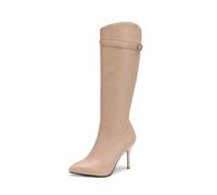 KUHAOFEU Femme Fermeture Eclair Mi-Mollet Bottes Bout Pointu Talon Aiguille Genou Haute Bottes,Beige,36 EU