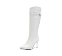KUHAOFEU Femme Fermeture Eclair Mi-Mollet Bottes Bout Pointu Talon Aiguille Genou Haute Bottes,Blanc,35 EU