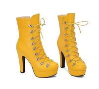KUHAOFEU Femme Plateforme Bottines Cheville Fermeture Eclair Lacets Bloc Talon Bottes Courtes Motard Bottes Militaires,Jaune,34 EU