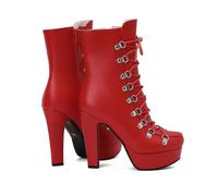 KUHAOFEU Femme Plateforme Bottines Cheville Fermeture Eclair Lacets Bloc Talon Bottes Courtes Motard Bottes Militaires,Rouge,35 EU