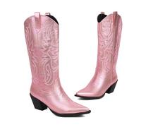 KUHAOFEU Femme Talon Haut Botte De Cowboy Western Bottes Mi-Mollet À Enfiler Style Cowgirl,Rose,37 EU