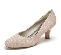 KUHAOFEU Femme Talons de Chaton Bout Fermé Chaussures De Mariée De Mariage en Dentelle,Champagne,39 EU