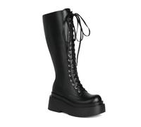 KUHAOFEU Femmes Bottes d'hiver Mode Cuir Plate-Forme Bottes Gothiques Punk Combat Bottes Mi-Mollet,Noir,35 EU