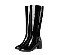 KUHAOFEU Femmes Bottes Hautes en Cuir Verni À Bout Rond Talons Bloc Fermeture Éclair Bottes De Discothèque,Noir,42 EU