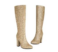 KUHAOFEU Femmes Bottes Hauts Genou Talon Moyen Bloc Chaussures avec Fermeture Éclair,d'or,46 EU