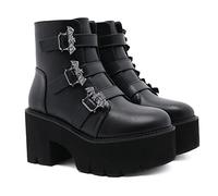 KUHAOFEU Femmes Bottines en Faux Cuir Talon Compensé Bottes Courtes Bottes à Boucle de Combat de Moto,Noir,37 EU