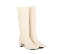 KUHAOFEU Femmes Bout Carré Bottes Hautes au Genou Bas Bloc Talon Botte Hautes Fermeture Éclair Hiver Bottes Longue,Blanc,41 EU
