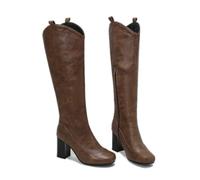 KUHAOFEU Femmes Bout Carré Bottes Hautes Jusqu'au Genou Talons épais Fermeture Éclair Bottes Mi-Mollet,Marron,40 EU