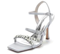 KUHAOFEU Femmes Chaussures de Mariage Aiguille Haut Talon Pumps avec Double Réglable Boucle Ouvert Bout à Bride Arrière Sandales de Mariée,Argent,38 EU