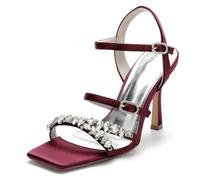 KUHAOFEU Femmes Chaussures de Mariage Aiguille Haut Talon Pumps avec Double Réglable Boucle Ouvert Bout à Bride Arrière Sandales de Mariée,Burgundy,39 EU