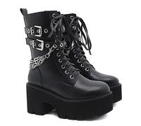 KUHAOFEU Femmes Faux Cuir Plateforme Bottines Talon Épais À Lacets Combat Bottes Bout Rond Goth Punk Bottes,Noir,39 EU