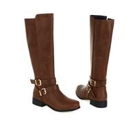 KUHAOFEU Femmes Genou Haute Biker Moto Bottes en Cuir Plat Bottes D'équitation Boucle Sangle Talons épais Chevalier Hautes Bottes avec Fermeture Éclair,Marron,37 EU