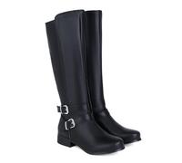 KUHAOFEU Femmes Genou Haute Biker Moto Bottes en Cuir Plat Bottes D'équitation Boucle Sangle Talons épais Chevalier Hautes Bottes avec Fermeture Éclair,Noir,36 EU