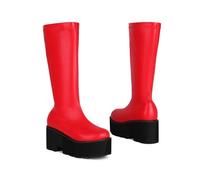 KUHAOFEU Femmes Gothique Punk Plate- Forme Bottes Compensées Zip Up Genou Haute Bottes de Combat,Rouge,36 EU