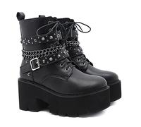 KUHAOFEU Femmes Mode Block Heel Plate-Forme Bottes Goth Bottes Bottes Noir Lacets Bout Rond Zip Moto Bottines de Motard,Noir,37 EU