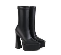 KUHAOFEU Femmes Noir Plate-Forme Bottes Carré Toe Chunky Talon Élastique Mi-Mollet Boot Épais Empilé Plate-Forme Chaussons,Noir,41 EU