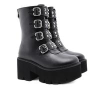 KUHAOFEU Femmes Noires Punk Plateforme Bottines Goth Buckle Bottes Courtes Zipper Talon Bloc Mi-Mollet Chaussures,Noir,36 EU
