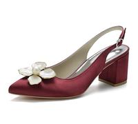 KUHAOFEU Femmes Pompes Bloc Talon Fermé Toe Robe Chaussures pour Femmes Cheville Boucle Satin Perle Mariage Mariée Chaussures,Burgundy,43 EU